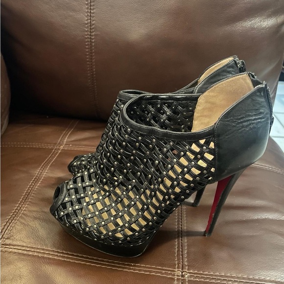 Christian Louboutin Shoes - Christian Louboutin Black Woven Peep-Toe Heels Size 8